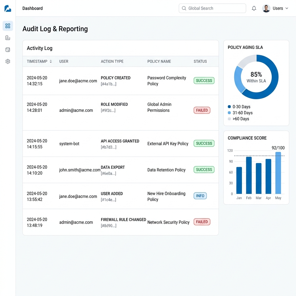 MOSI Audit Log and Reporting dashboard with real-time cryptographic trail and compliance scoring